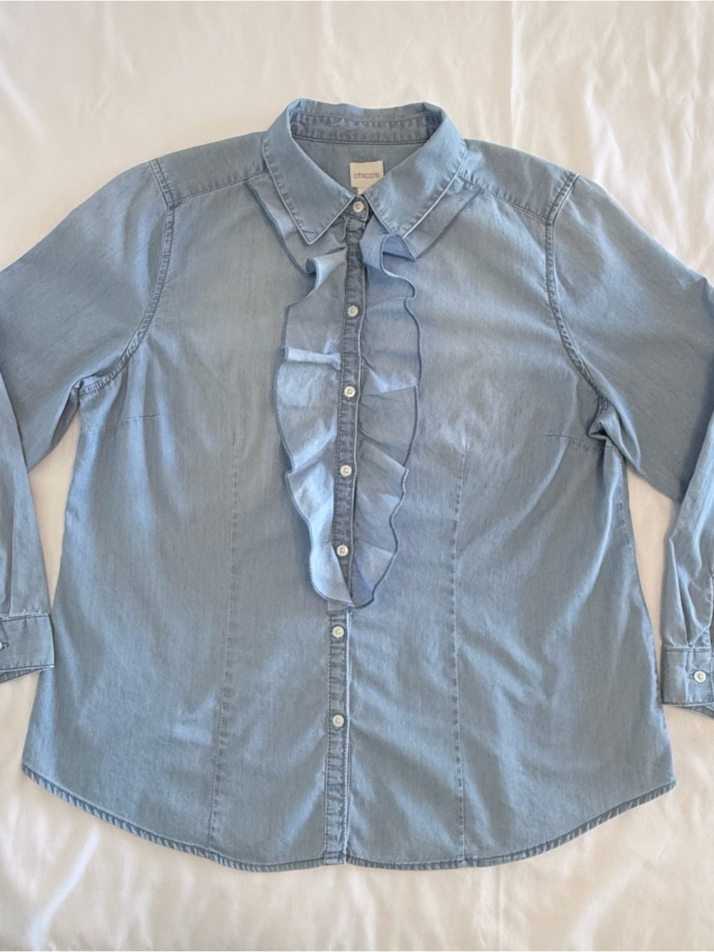 Chico's Light Blue Ruffle-Front Button-Down Shirt. Size 2